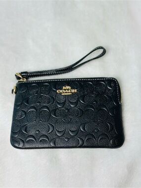 Coach Black Embossed Leather Wristlet with Gold Logo